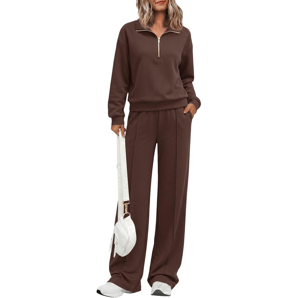 image:imagePRETTYGARDEN Womens Lounge Sets 2 Piece Outfits Sweatsuits  Half Zip Pullover Sweatshirts Wide Leg Pants Pockets Matching Workout Tracksuits Airport Travel Resort Wear Fall ClothesBrown