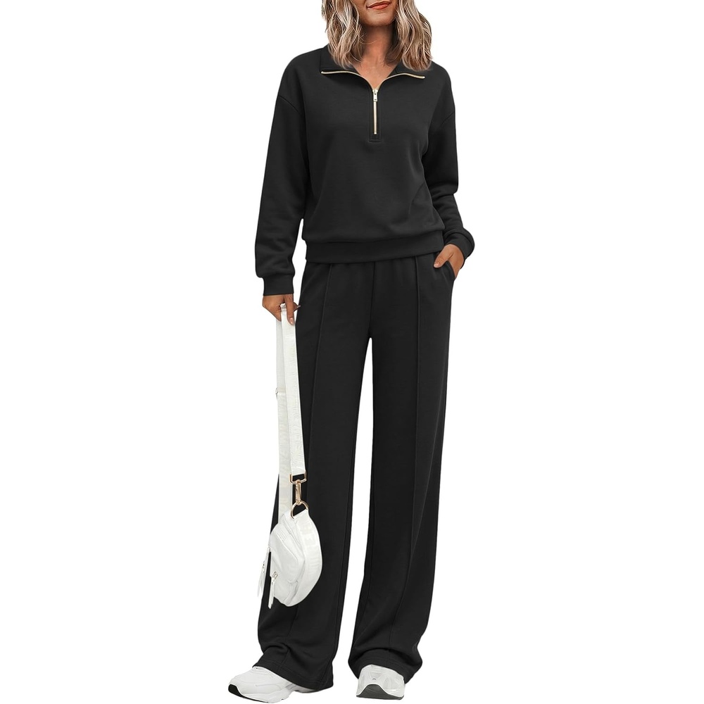 image:imagePRETTYGARDEN Womens Lounge Sets 2 Piece Outfits Sweatsuits  Half Zip Pullover Sweatshirts Wide Leg Pants Pockets Matching Workout Tracksuits Airport Travel Resort Wear Fall ClothesBlack