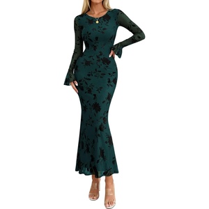 PRETTYGARDEN Women’s Floral Maxi Fall Wedding Guest Dress | Lightweight Stretchy Mesh, Long Bell Sleeves, Bodycon Mermaid Fit, Elegant Dresses for Cocktail, Holiday Party, Formal Events(Blue Green)
