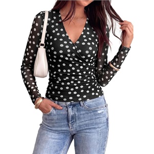PRETTYGARDEN Womens Floral Mesh Wrap Top V Neck Long Sleeve Shirts | Soft Stretchy Lightweight, Lined, Slim Fit Ruched Waist, Dressy Casual Blouses for Work, Daily, Going Out, Fall Clothes(Polka Dot Black White)