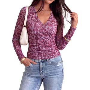 PRETTYGARDEN Womens Floral Mesh Wrap Top V Neck Long Sleeve Shirts | Soft Stretchy Lightweight, Lined, Slim Fit Ruched Waist, Dressy Casual Blouses for Work, Daily, Going Out, Fall Clothes(Purple Leopard)