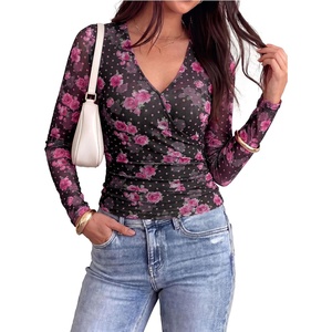 PRETTYGARDEN Womens Floral Mesh Wrap Top V Neck Long Sleeve Shirts | Soft Stretchy Lightweight, Lined, Slim Fit Ruched Waist, Dressy Casual Blouses for Work, Daily, Going Out, Fall Clothes(Black Pink Flower)