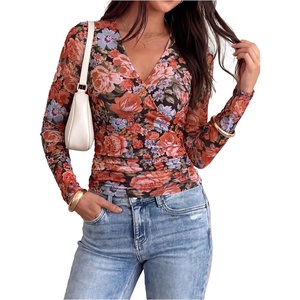 PRETTYGARDEN Womens Floral Mesh Wrap Top V Neck Long Sleeve Shirts | Soft Stretchy Lightweight, Lined, Slim Fit Ruched Waist, Dressy Casual Blouses for Work, Daily, Going Out, Fall Clothes(Floral Black Multicolored)