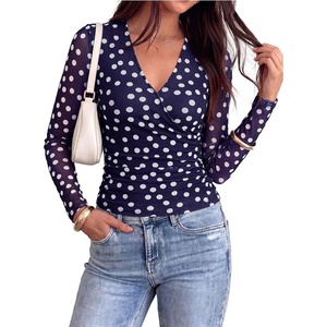PRETTYGARDEN Womens Floral Mesh Wrap Top V Neck Long Sleeve Shirts | Soft Stretchy Lightweight, Lined, Slim Fit Ruched Waist, Dressy Casual Blouses for Work, Daily, Going Out, Fall Clothes(Dot Navy White)