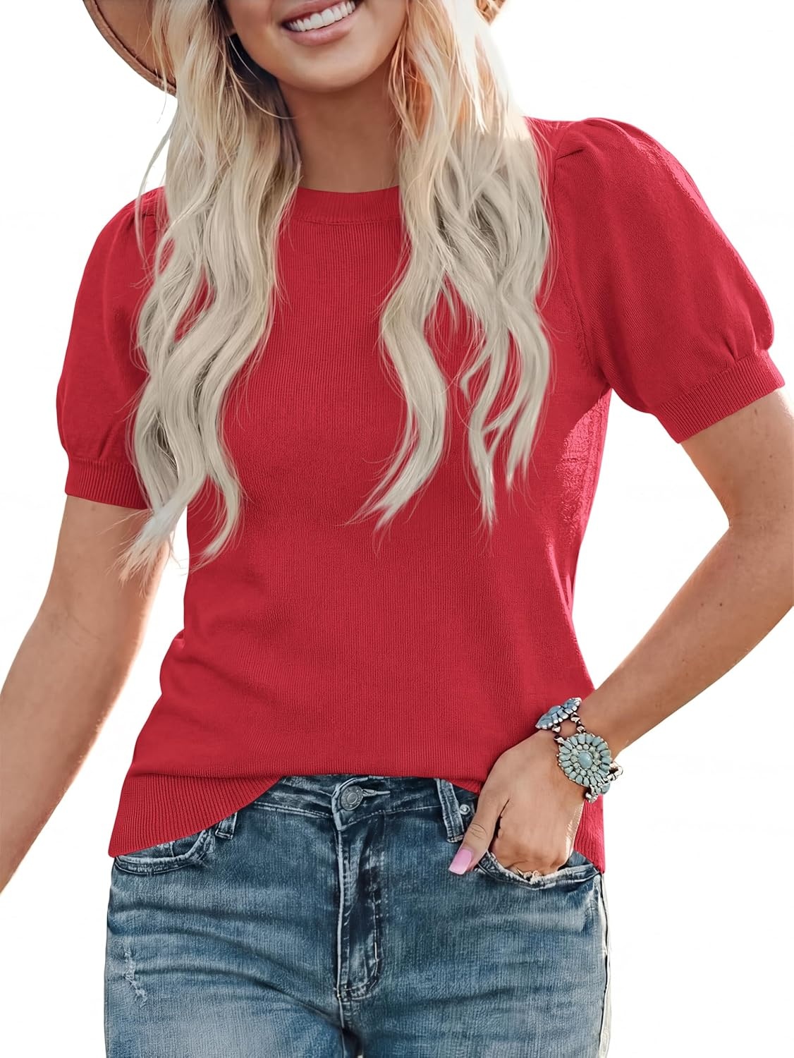 image:imagePRETTYGARDEN Womens Puff Short Sleeve Sweaters Summer 2026 Trendy Cute Knit Work Blouses Dressy Fall Business Casual Tops Boho Tops for Women Lightweight Elegant Professional ShirtsRed