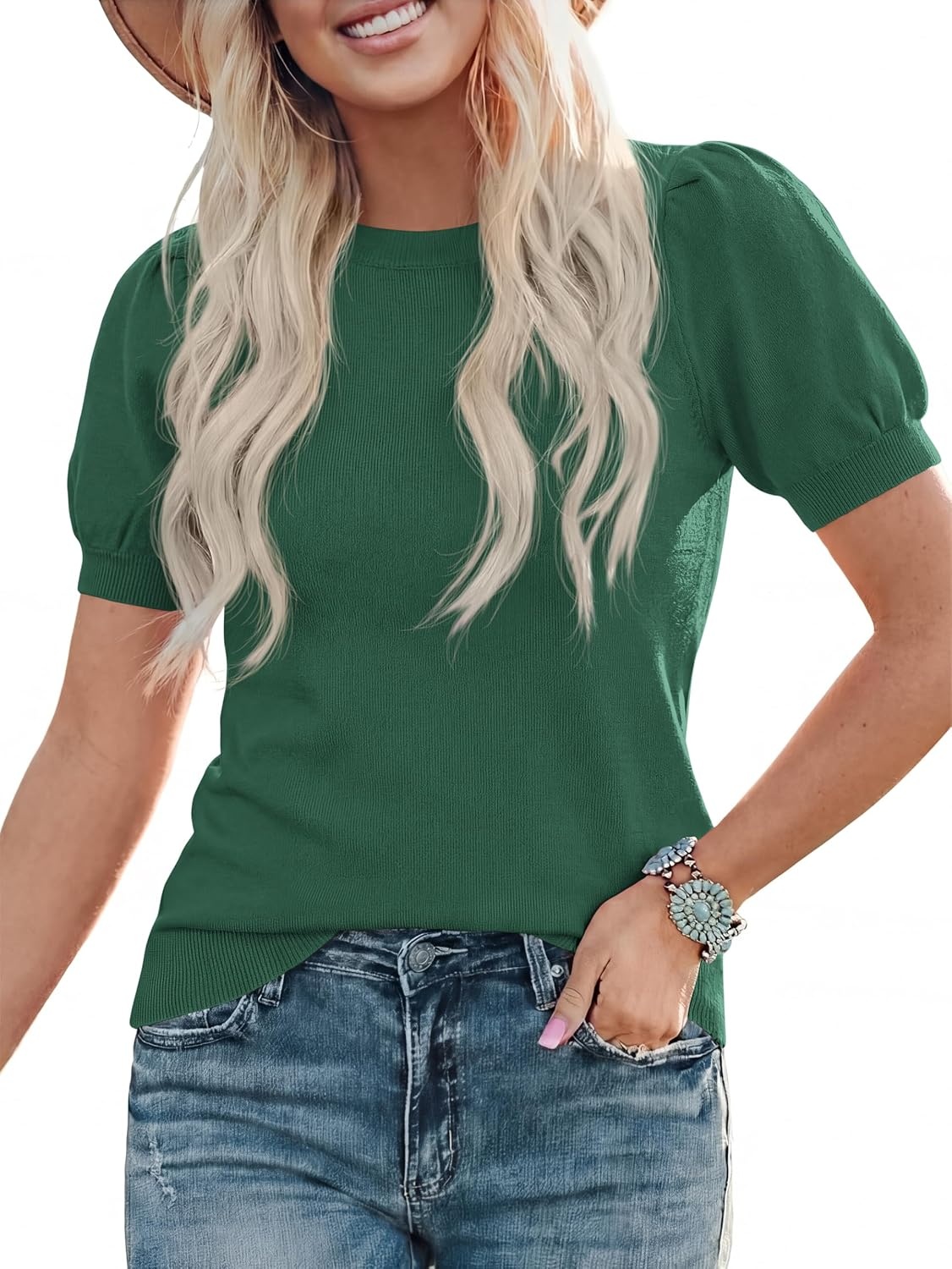 image:imagePRETTYGARDEN Womens Puff Short Sleeve Sweaters Summer 2026 Trendy Cute Knit Work Blouses Dressy Fall Business Casual Tops Boho Tops for Women Lightweight Elegant Professional ShirtsDark Green