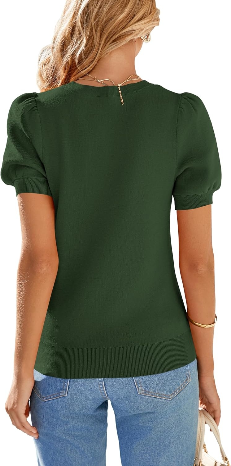 image:imagePRETTYGARDEN Womens Puff Short Sleeve Sweaters Summer 2026 Trendy Cute Knit Work Blouses Dressy Fall Business Casual Tops Boho Tops for Women Lightweight Elegant Professional ShirtsArmy Green