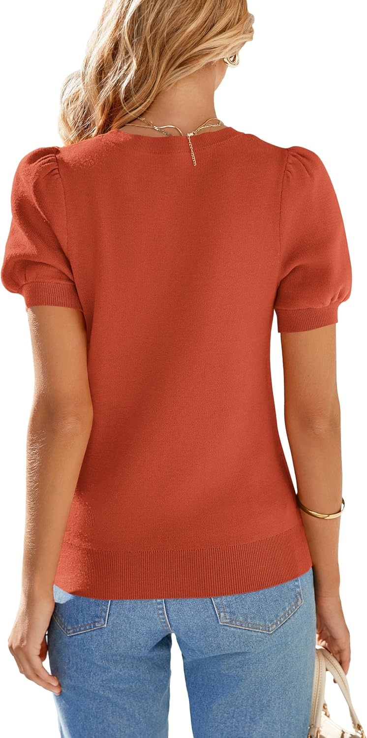 image:imagePRETTYGARDEN Womens Puff Short Sleeve Sweaters Summer 2026 Trendy Cute Knit Work Blouses Dressy Fall Business Casual Tops Boho Tops for Women Lightweight Elegant Professional ShirtsBrick Red