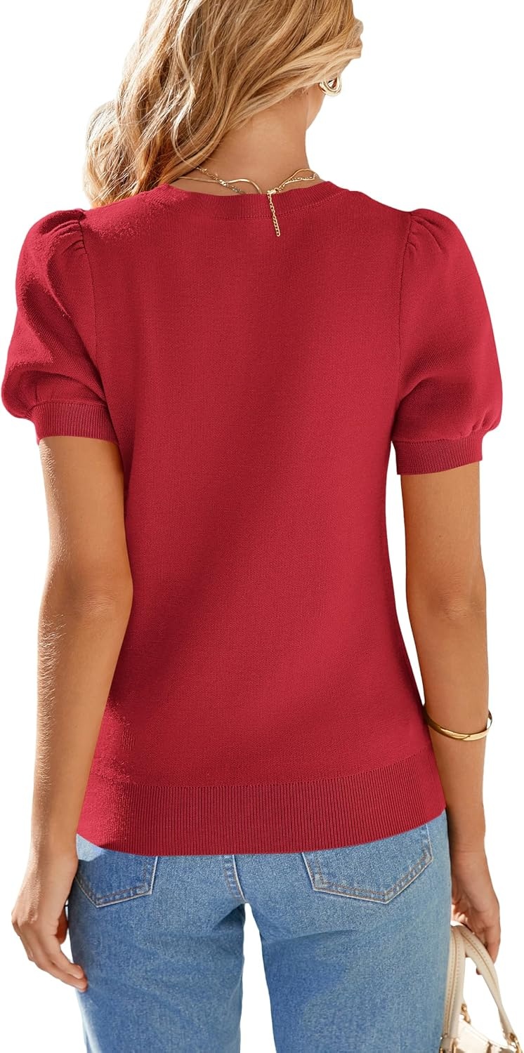 image:imagePRETTYGARDEN Womens Puff Short Sleeve Sweaters Summer 2026 Trendy Cute Knit Work Blouses Dressy Fall Business Casual Tops Boho Tops for Women Lightweight Elegant Professional ShirtsRed