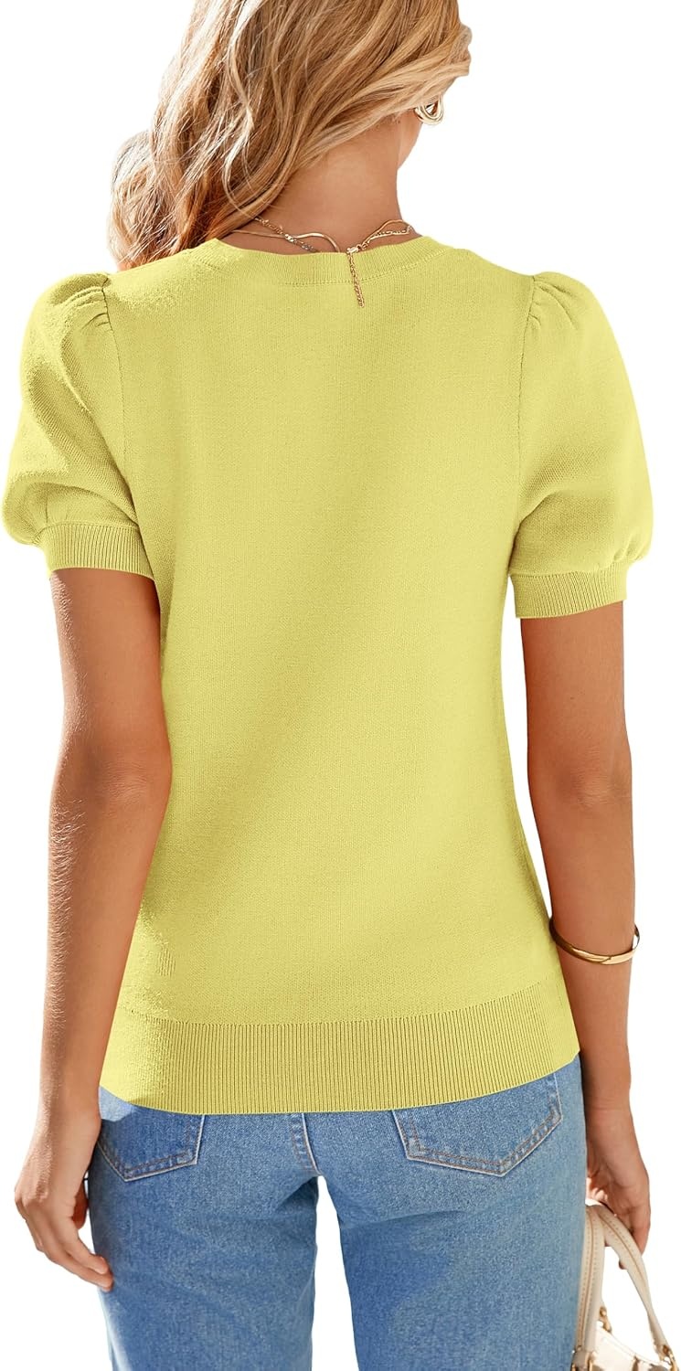 image:imagePRETTYGARDEN Womens Puff Short Sleeve Sweaters Summer 2026 Trendy Cute Knit Work Blouses Dressy Fall Business Casual Tops Boho Tops for Women Lightweight Elegant Professional ShirtsLight Yellow