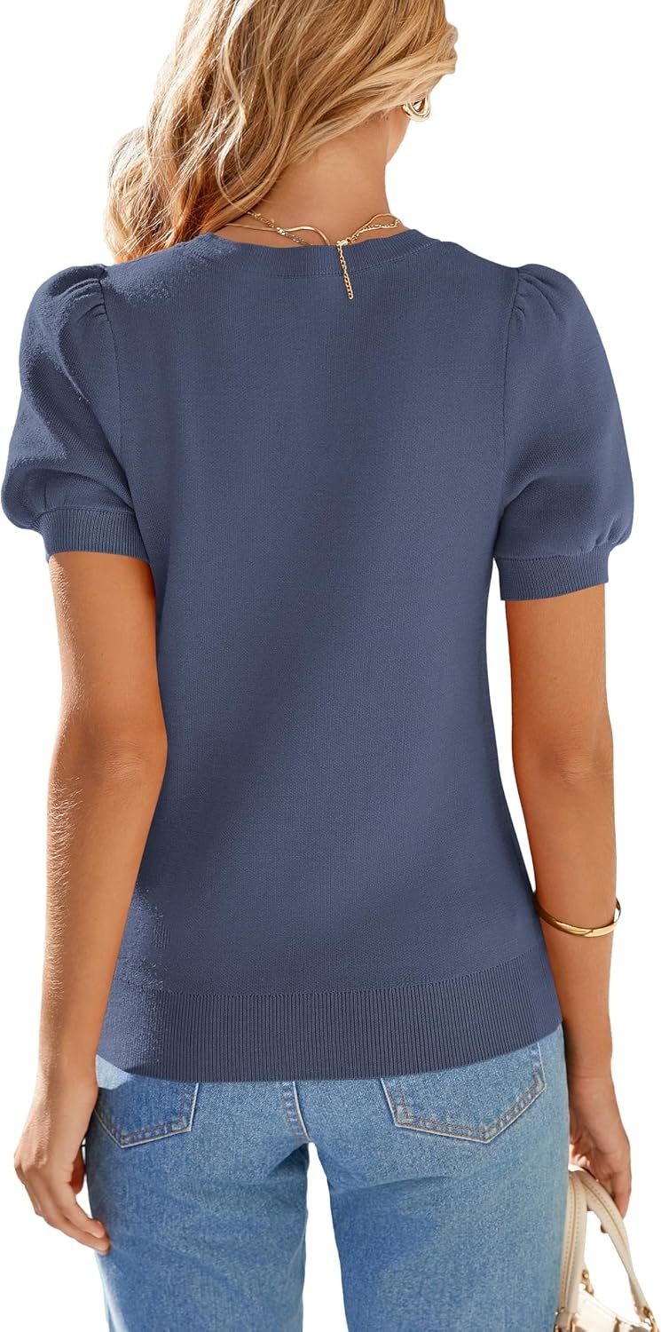 image:imagePRETTYGARDEN Womens Puff Short Sleeve Sweaters Summer 2026 Trendy Cute Knit Work Blouses Dressy Fall Business Casual Tops Boho Tops for Women Lightweight Elegant Professional ShirtsGrey Blue