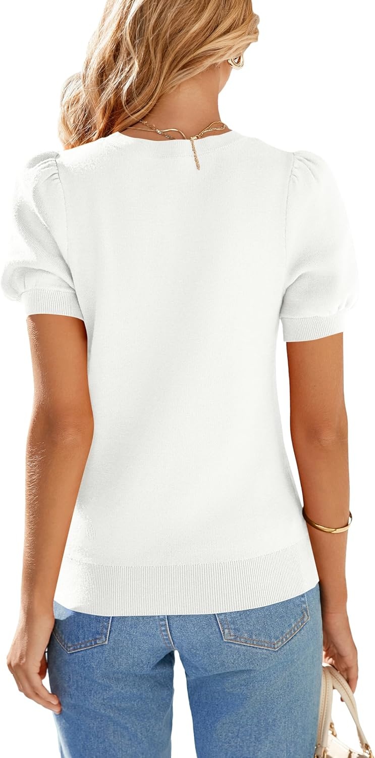 image:imagePRETTYGARDEN Womens Puff Short Sleeve Sweaters Summer 2026 Trendy Cute Knit Work Blouses Dressy Fall Business Casual Tops Boho Tops for Women Lightweight Elegant Professional ShirtsWhite