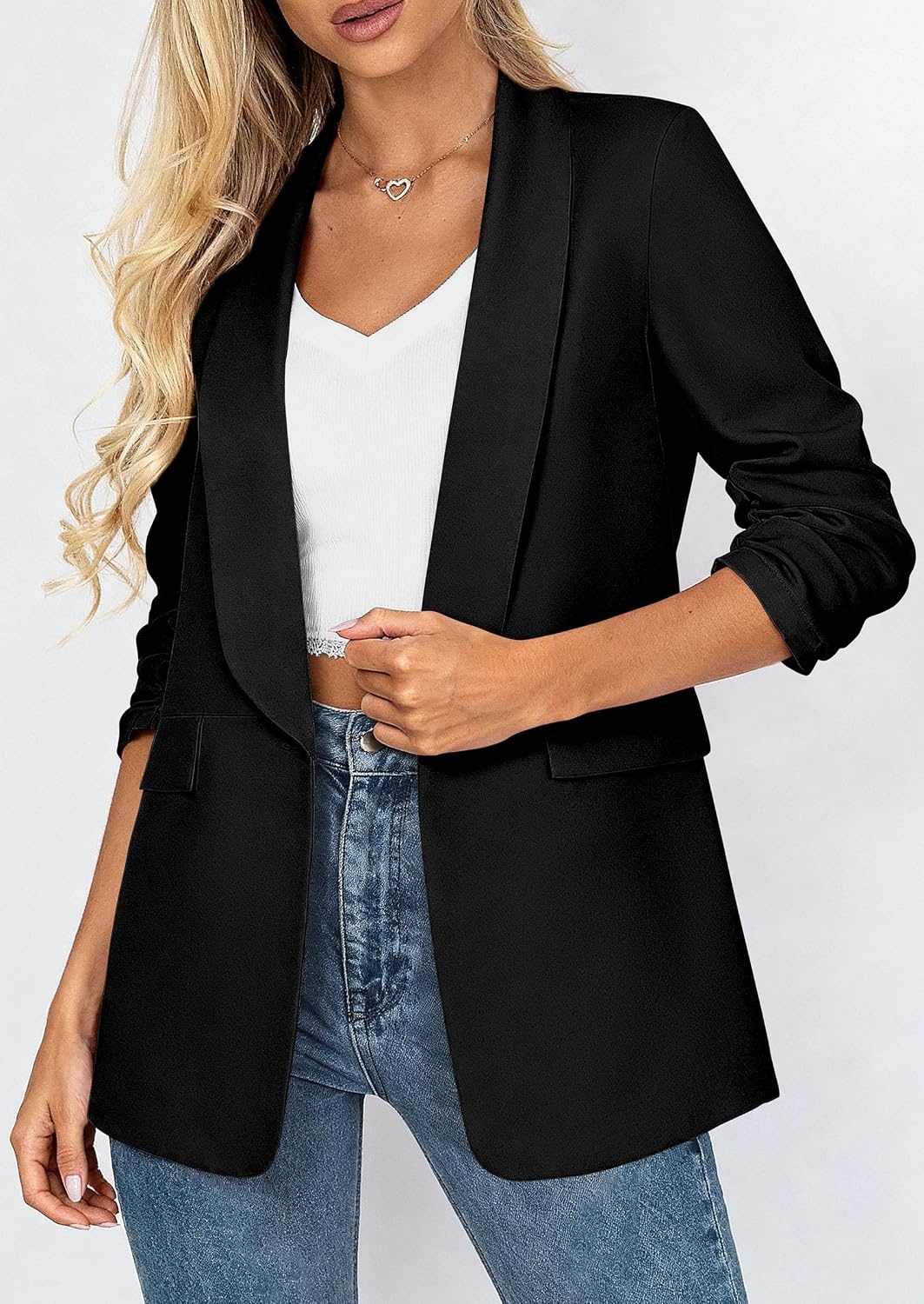 image:imagePRETTYGARDEN Womens Summer Blazers Business Casual Outfits Ruched 34 SleeveShawl LapelCollared Open FrontPadded ShoulderLightweight JacketsOffice Work SuitsSpring Fall ClothesBlack