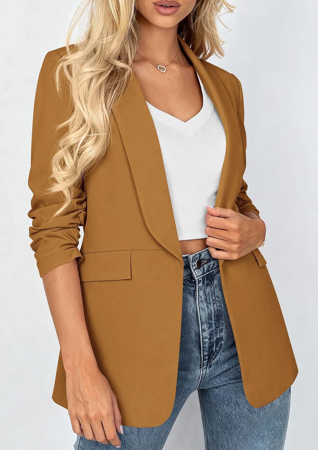 image:imagePRETTYGARDEN Womens Summer Blazers Business Casual Outfits Ruched 34 SleeveShawl LapelCollared Open FrontPadded ShoulderLightweight JacketsOffice Work SuitsSpring Fall ClothesBrown Yellow