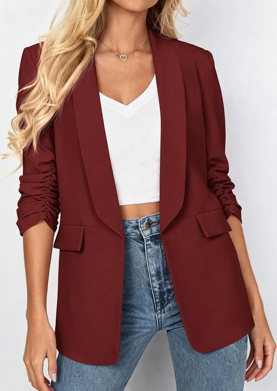image:imagePRETTYGARDEN Womens Summer Blazers Business Casual Outfits Ruched 34 SleeveShawl LapelCollared Open FrontPadded ShoulderLightweight JacketsOffice Work SuitsSpring Fall ClothesBurgundy
