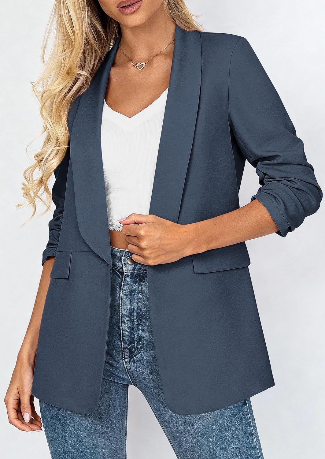 image:imagePRETTYGARDEN Womens Summer Blazers Business Casual Outfits Ruched 34 SleeveShawl LapelCollared Open FrontPadded ShoulderLightweight JacketsOffice Work SuitsSpring Fall ClothesDusty Blue