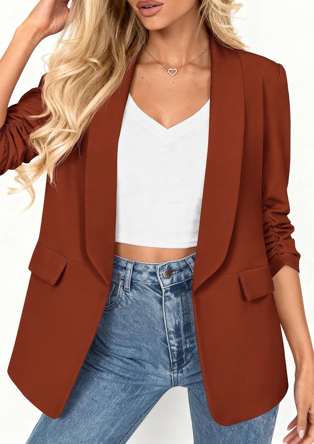 image:imagePRETTYGARDEN Womens Summer Blazers Business Casual Outfits Ruched 34 SleeveShawl LapelCollared Open FrontPadded ShoulderLightweight JacketsOffice Work SuitsSpring Fall ClothesRust