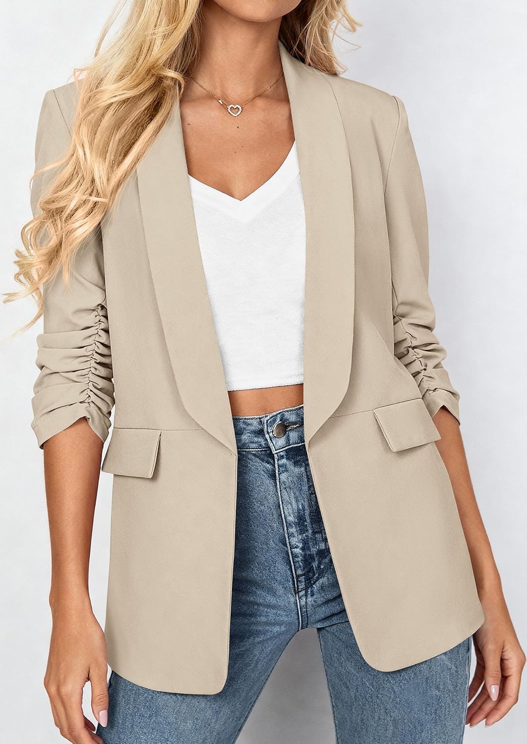 image:imagePRETTYGARDEN Womens Summer Blazers Business Casual Outfits Ruched 34 SleeveShawl LapelCollared Open FrontPadded ShoulderLightweight JacketsOffice Work SuitsSpring Fall ClothesBeige