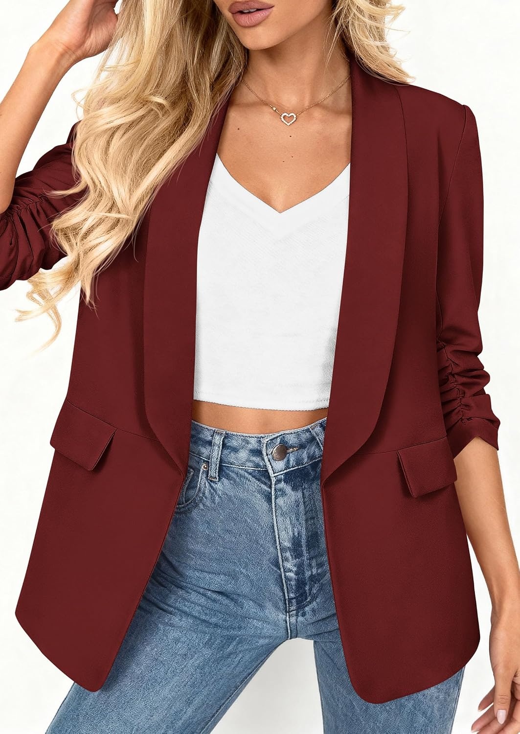 image:imagePRETTYGARDEN Womens Summer Blazers Business Casual Outfits Ruched 34 SleeveShawl LapelCollared Open FrontPadded ShoulderLightweight JacketsOffice Work SuitsSpring Fall ClothesBurgundy