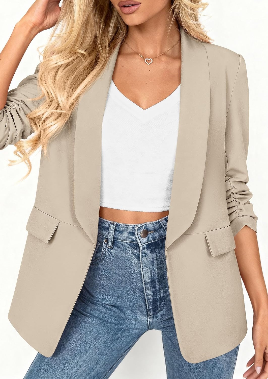 image:imagePRETTYGARDEN Womens Summer Blazers Business Casual Outfits Ruched 34 SleeveShawl LapelCollared Open FrontPadded ShoulderLightweight JacketsOffice Work SuitsSpring Fall ClothesBeige