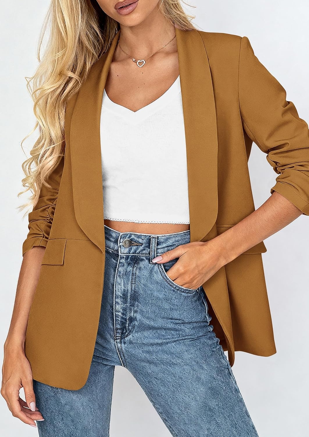 image:imagePRETTYGARDEN Womens Summer Blazers Business Casual Outfits Ruched 34 SleeveShawl LapelCollared Open FrontPadded ShoulderLightweight JacketsOffice Work SuitsSpring Fall ClothesBrown Yellow