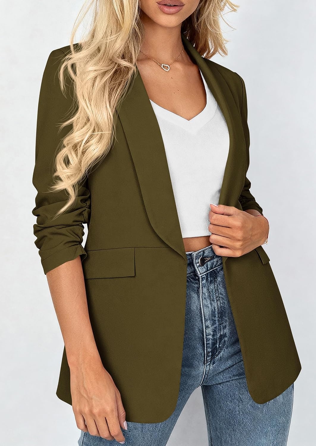 image:imagePRETTYGARDEN Womens Summer Blazers Business Casual Outfits Ruched 34 SleeveShawl LapelCollared Open FrontPadded ShoulderLightweight JacketsOffice Work SuitsSpring Fall ClothesArmy Green
