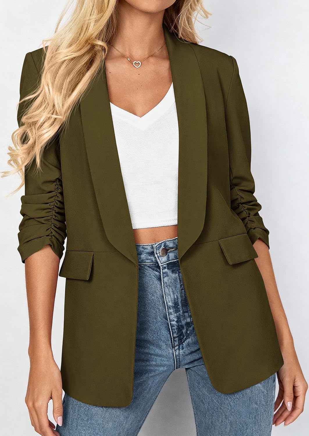 image:imagePRETTYGARDEN Womens Summer Blazers Business Casual Outfits Ruched 34 SleeveShawl LapelCollared Open FrontPadded ShoulderLightweight JacketsOffice Work SuitsSpring Fall ClothesArmy Green