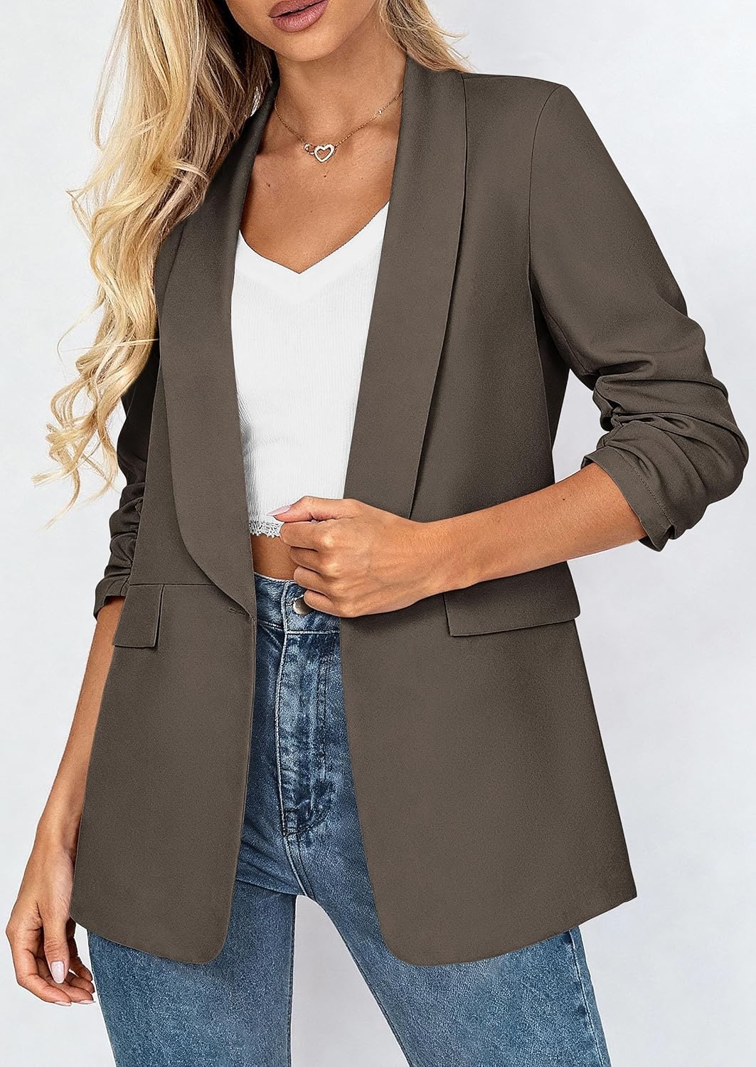 image:imagePRETTYGARDEN Womens Summer Blazers Business Casual Outfits Ruched 34 SleeveShawl LapelCollared Open FrontPadded ShoulderLightweight JacketsOffice Work SuitsSpring Fall ClothesGrey