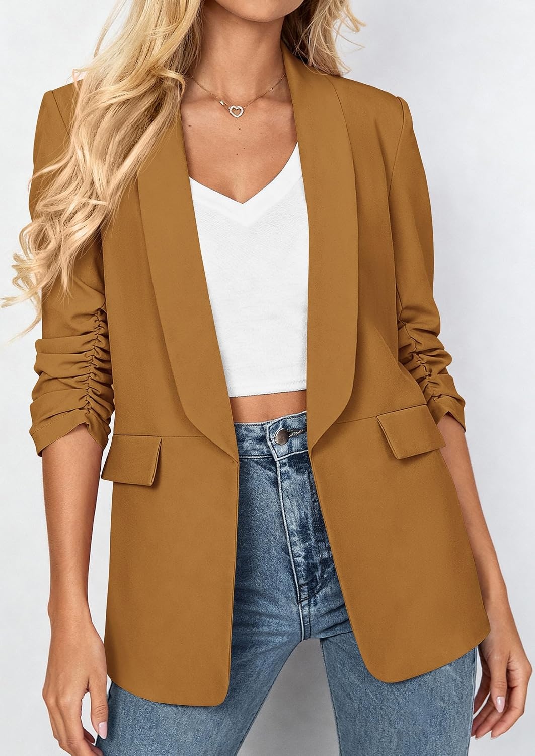 image:imagePRETTYGARDEN Womens Summer Blazers Business Casual Outfits Ruched 34 SleeveShawl LapelCollared Open FrontPadded ShoulderLightweight JacketsOffice Work SuitsSpring Fall ClothesBrown Yellow