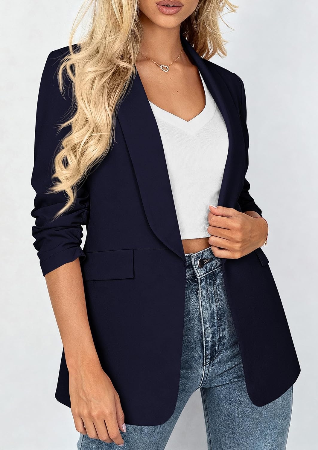 image:imagePRETTYGARDEN Womens Summer Blazers Business Casual Outfits Ruched 34 SleeveShawl LapelCollared Open FrontPadded ShoulderLightweight JacketsOffice Work SuitsSpring Fall ClothesNavy Blue