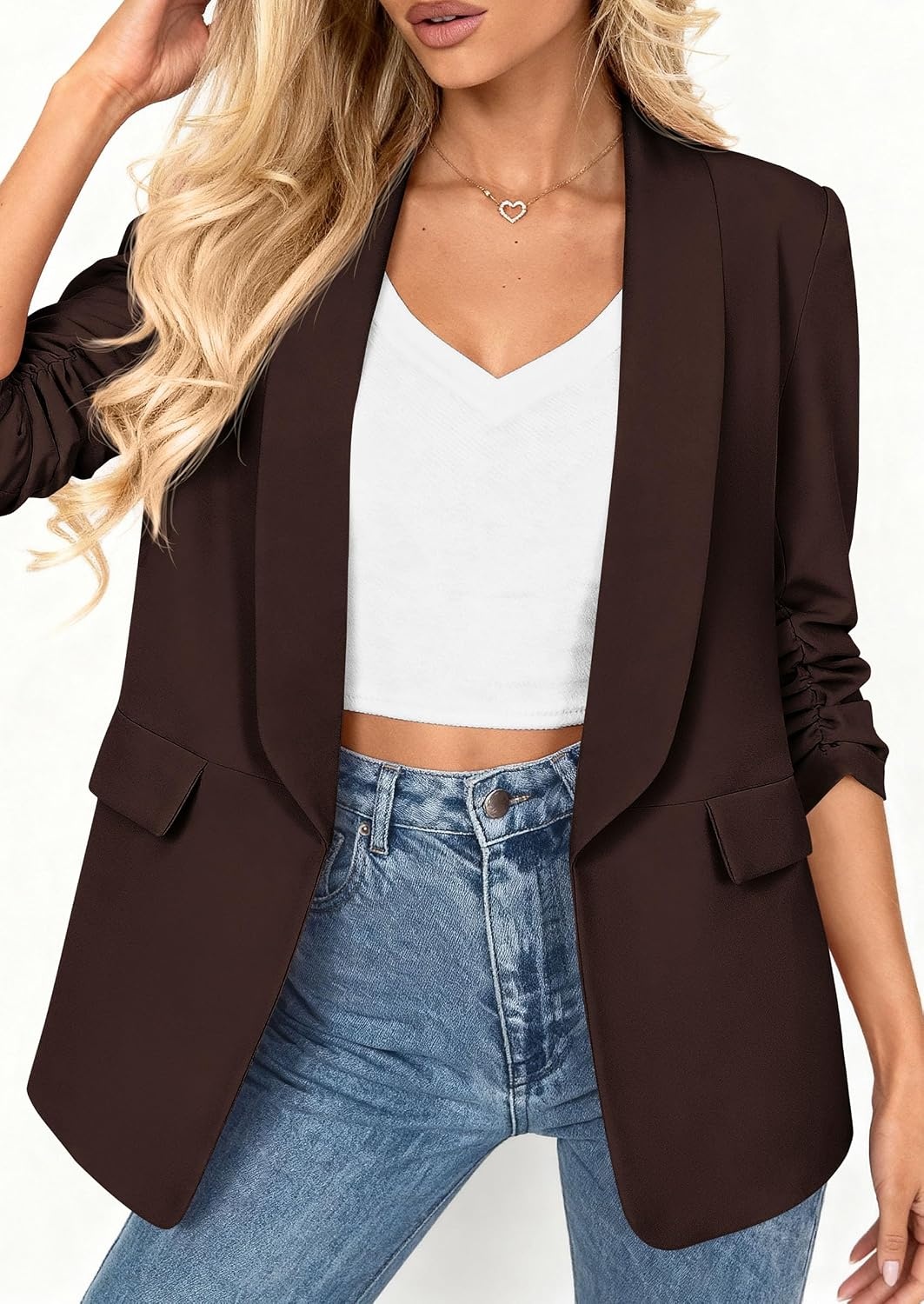 image:imagePRETTYGARDEN Womens Summer Blazers Business Casual Outfits Ruched 34 SleeveShawl LapelCollared Open FrontPadded ShoulderLightweight JacketsOffice Work SuitsSpring Fall ClothesBrown