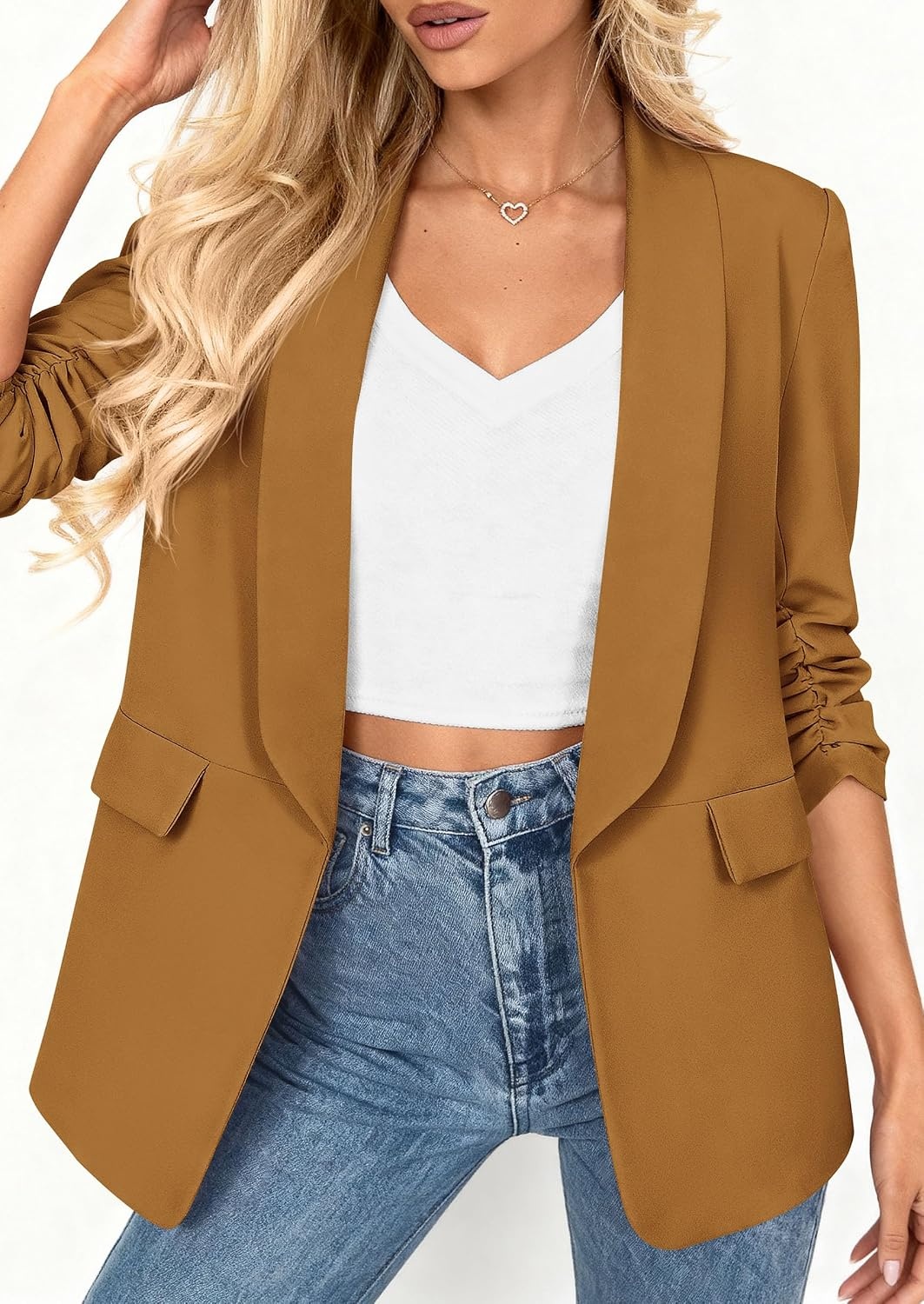 image:imagePRETTYGARDEN Womens Summer Blazers Business Casual Outfits Ruched 34 SleeveShawl LapelCollared Open FrontPadded ShoulderLightweight JacketsOffice Work SuitsSpring Fall ClothesBrown Yellow