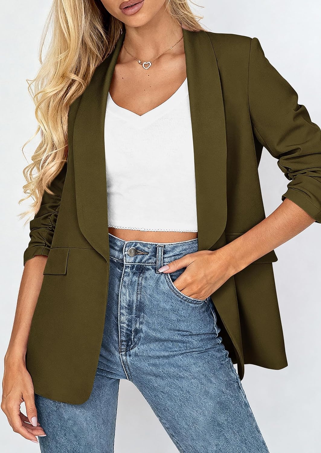 image:imagePRETTYGARDEN Womens Summer Blazers Business Casual Outfits Ruched 34 SleeveShawl LapelCollared Open FrontPadded ShoulderLightweight JacketsOffice Work SuitsSpring Fall ClothesArmy Green