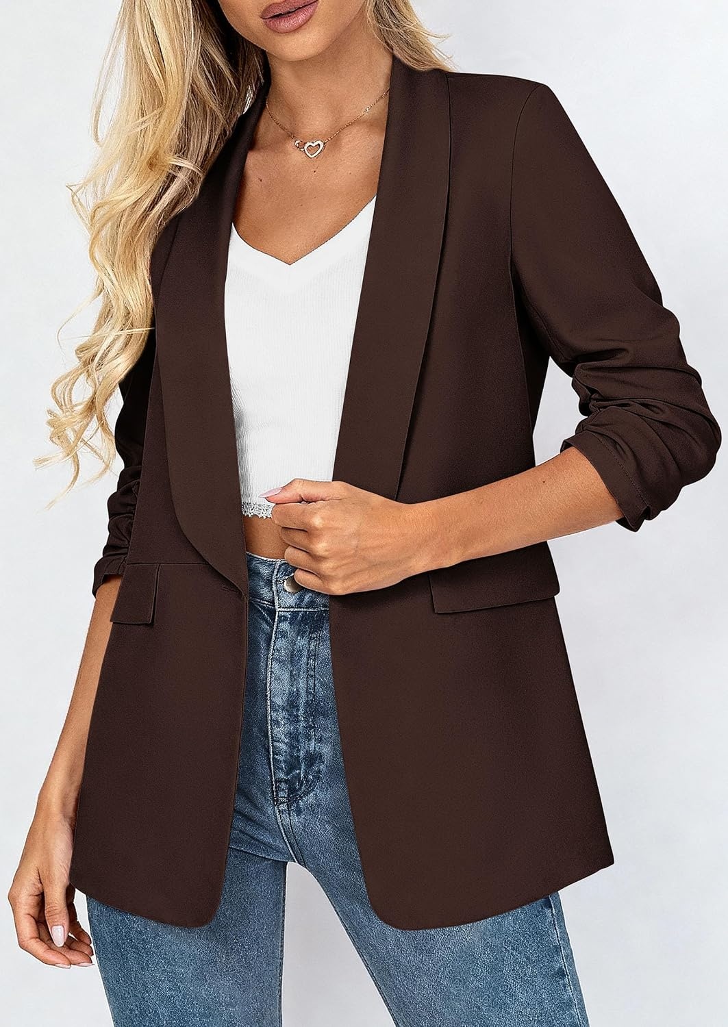 image:imagePRETTYGARDEN Womens Summer Blazers Business Casual Outfits Ruched 34 SleeveShawl LapelCollared Open FrontPadded ShoulderLightweight JacketsOffice Work SuitsSpring Fall ClothesBrown