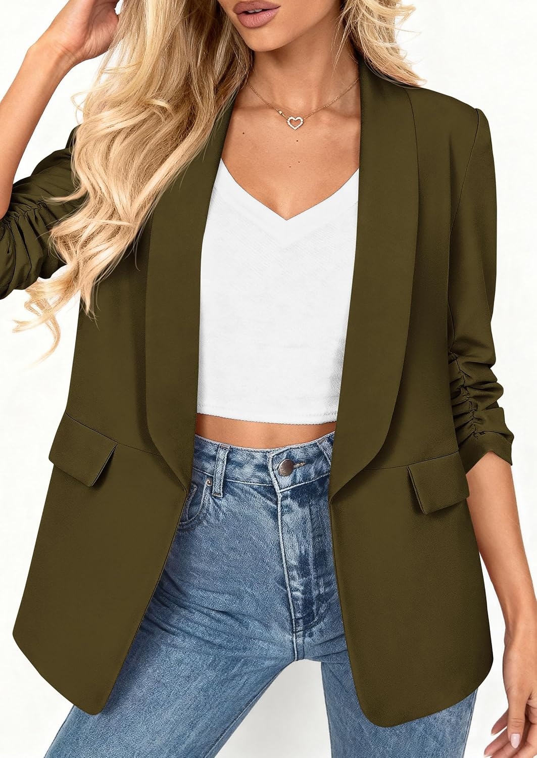 image:imagePRETTYGARDEN Womens Summer Blazers Business Casual Outfits Ruched 34 SleeveShawl LapelCollared Open FrontPadded ShoulderLightweight JacketsOffice Work SuitsSpring Fall ClothesArmy Green