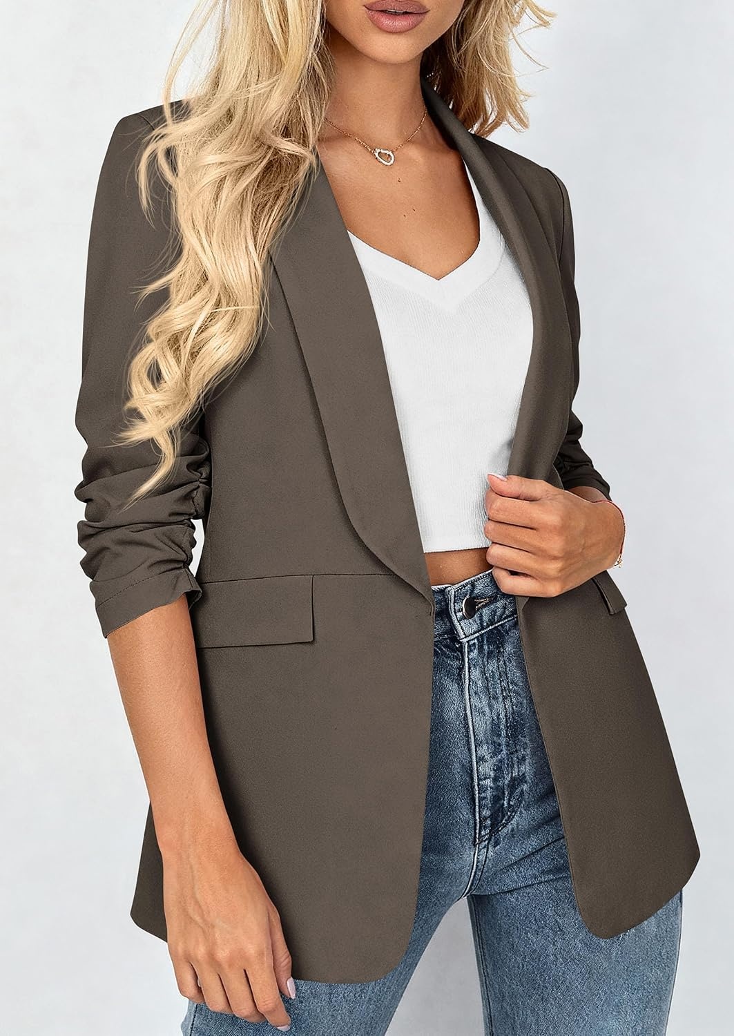 image:imagePRETTYGARDEN Womens Summer Blazers Business Casual Outfits Ruched 34 SleeveShawl LapelCollared Open FrontPadded ShoulderLightweight JacketsOffice Work SuitsSpring Fall ClothesGrey