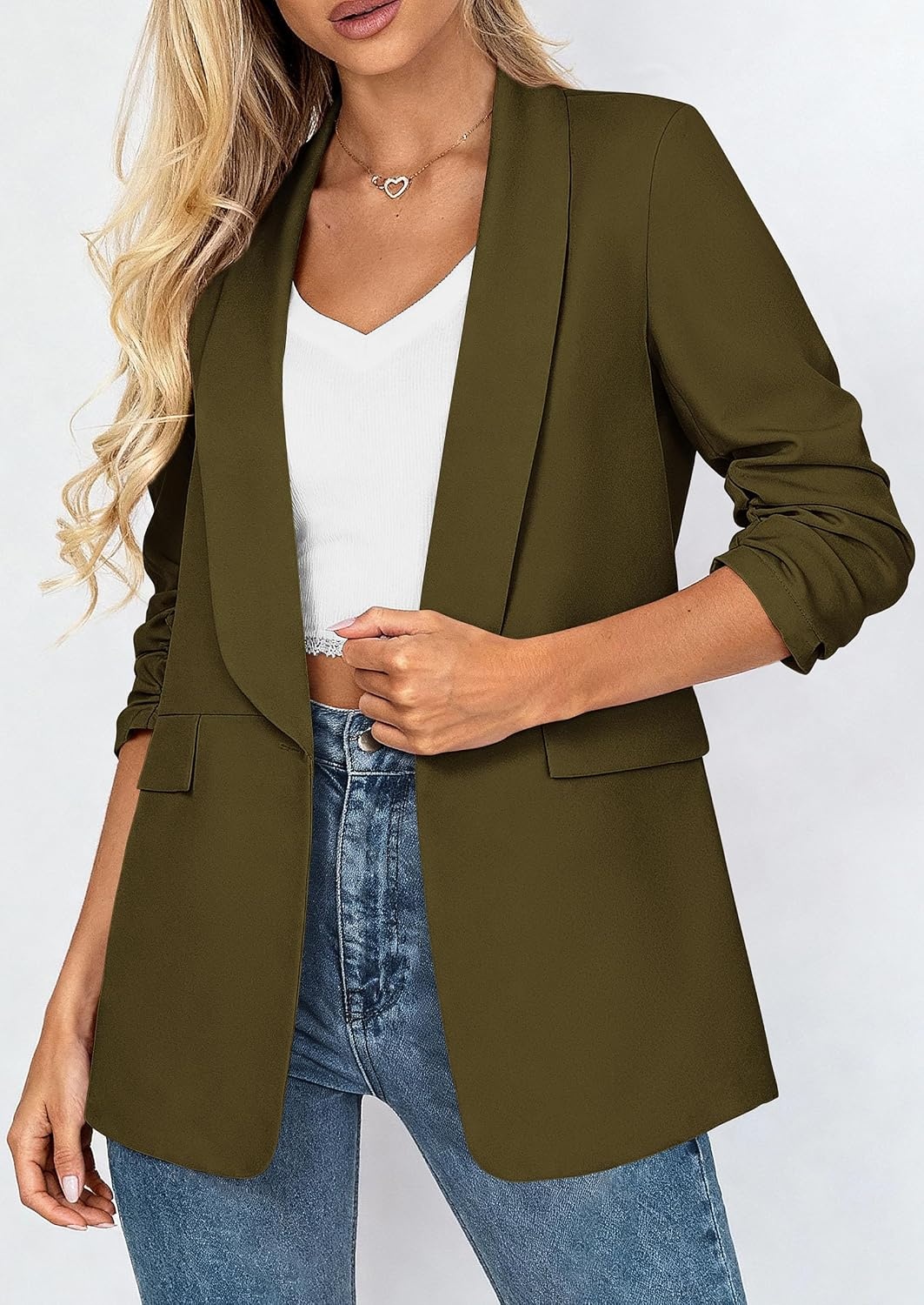 image:imagePRETTYGARDEN Womens Summer Blazers Business Casual Outfits Ruched 34 SleeveShawl LapelCollared Open FrontPadded ShoulderLightweight JacketsOffice Work SuitsSpring Fall ClothesArmy Green