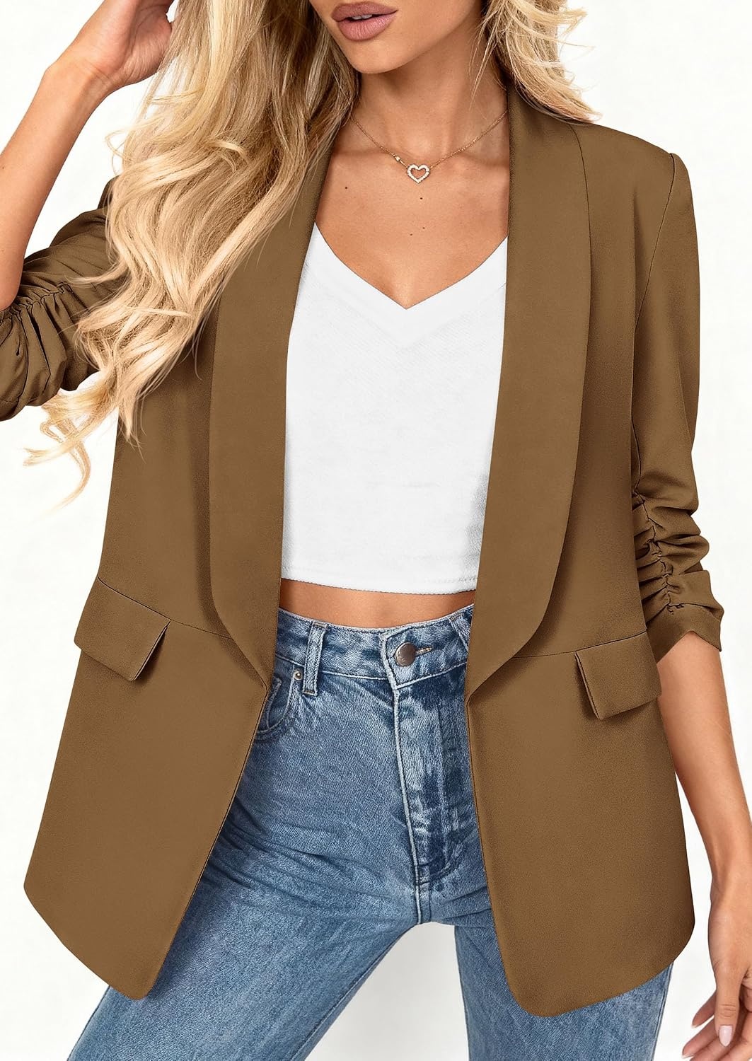 image:imagePRETTYGARDEN Womens Summer Blazers Business Casual Outfits Ruched 34 SleeveShawl LapelCollared Open FrontPadded ShoulderLightweight JacketsOffice Work SuitsSpring Fall ClothesDark Khaki