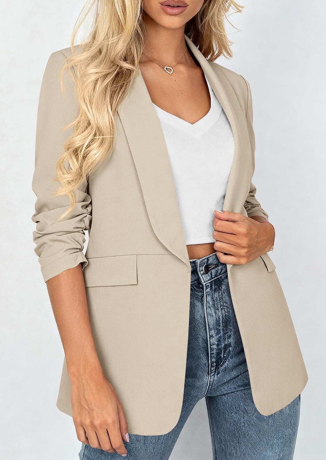 image:imagePRETTYGARDEN Womens Summer Blazers Business Casual Outfits Ruched 34 SleeveShawl LapelCollared Open FrontPadded ShoulderLightweight JacketsOffice Work SuitsSpring Fall ClothesBeige