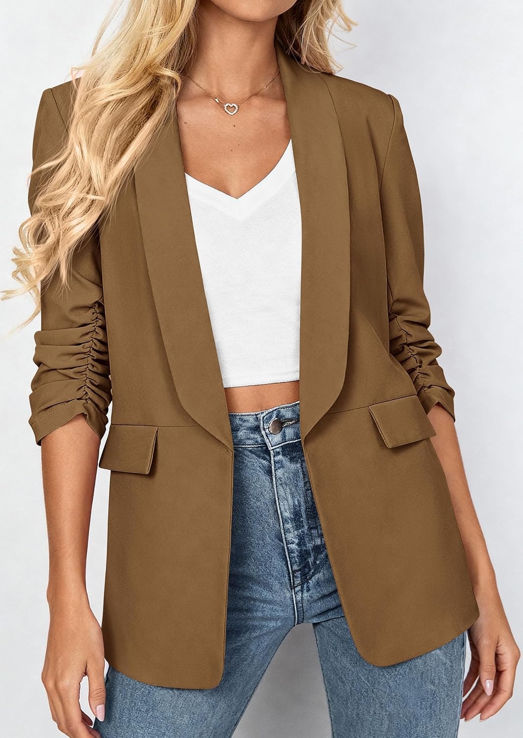 image:imagePRETTYGARDEN Womens Summer Blazers Business Casual Outfits Ruched 34 SleeveShawl LapelCollared Open FrontPadded ShoulderLightweight JacketsOffice Work SuitsSpring Fall ClothesDark Khaki
