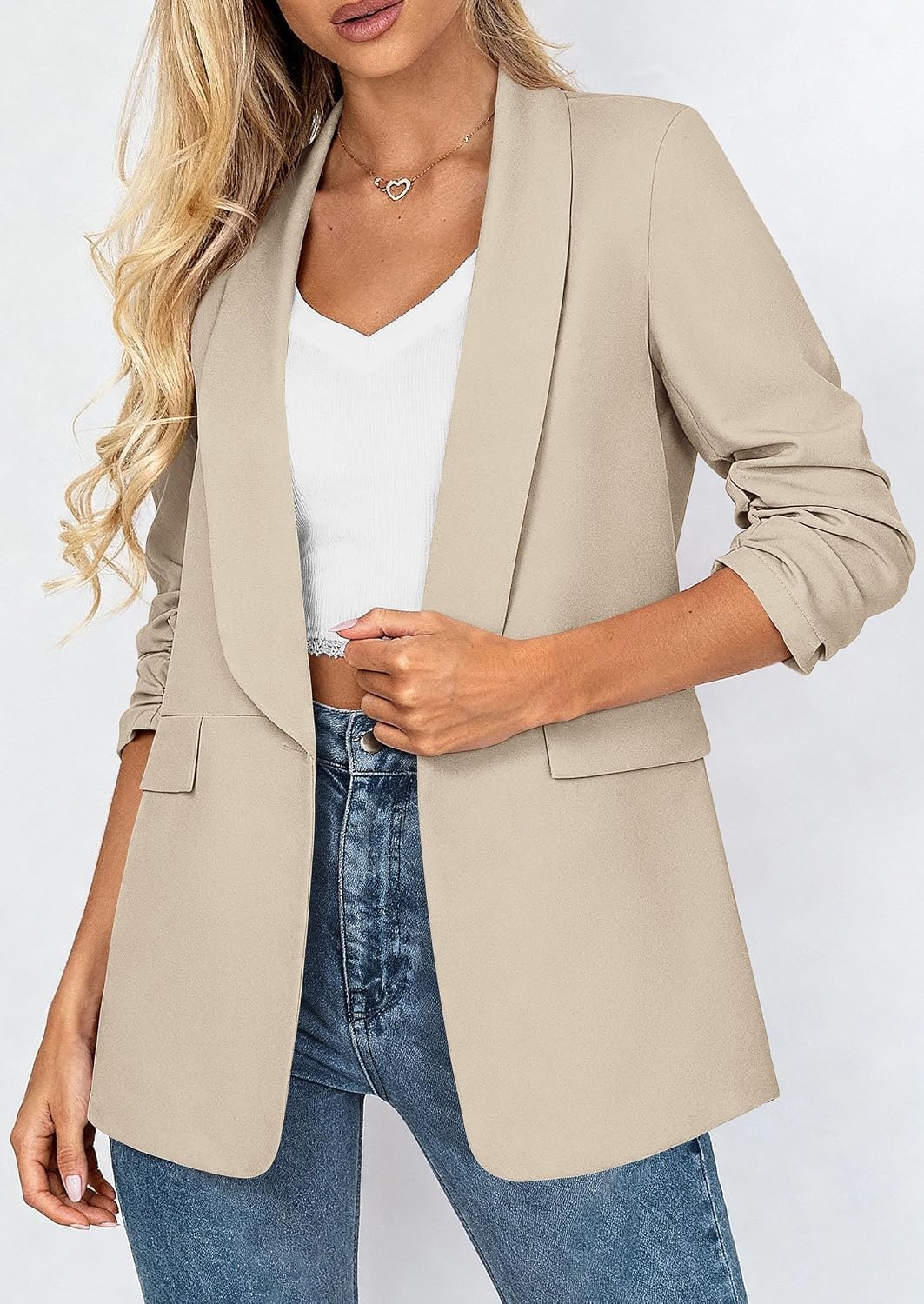 image:imagePRETTYGARDEN Womens Summer Blazers Business Casual Outfits Ruched 34 SleeveShawl LapelCollared Open FrontPadded ShoulderLightweight JacketsOffice Work SuitsSpring Fall ClothesBeige
