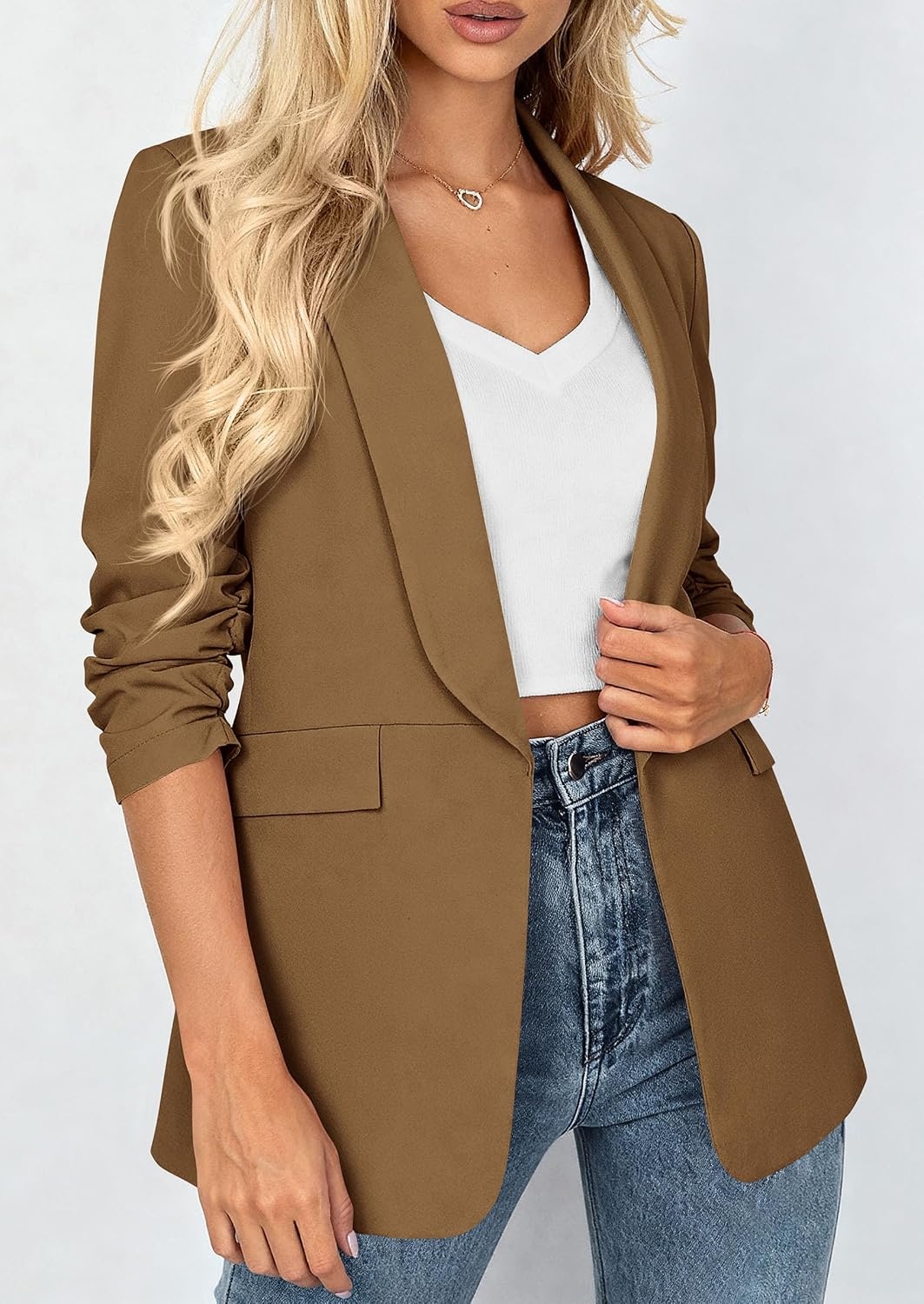 image:imagePRETTYGARDEN Womens Summer Blazers Business Casual Outfits Ruched 34 SleeveShawl LapelCollared Open FrontPadded ShoulderLightweight JacketsOffice Work SuitsSpring Fall ClothesDark Khaki