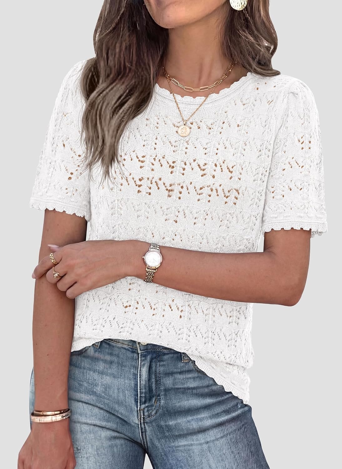 image:imagePRETTYGARDEN Womens Summer Short Sleeve Tops Lightweight Crochet Sweaters Crewneck Hollow Out Knit Cute Tops Loose Fit Business Casual Tops Beach Vacation Fall Outfits 2026White