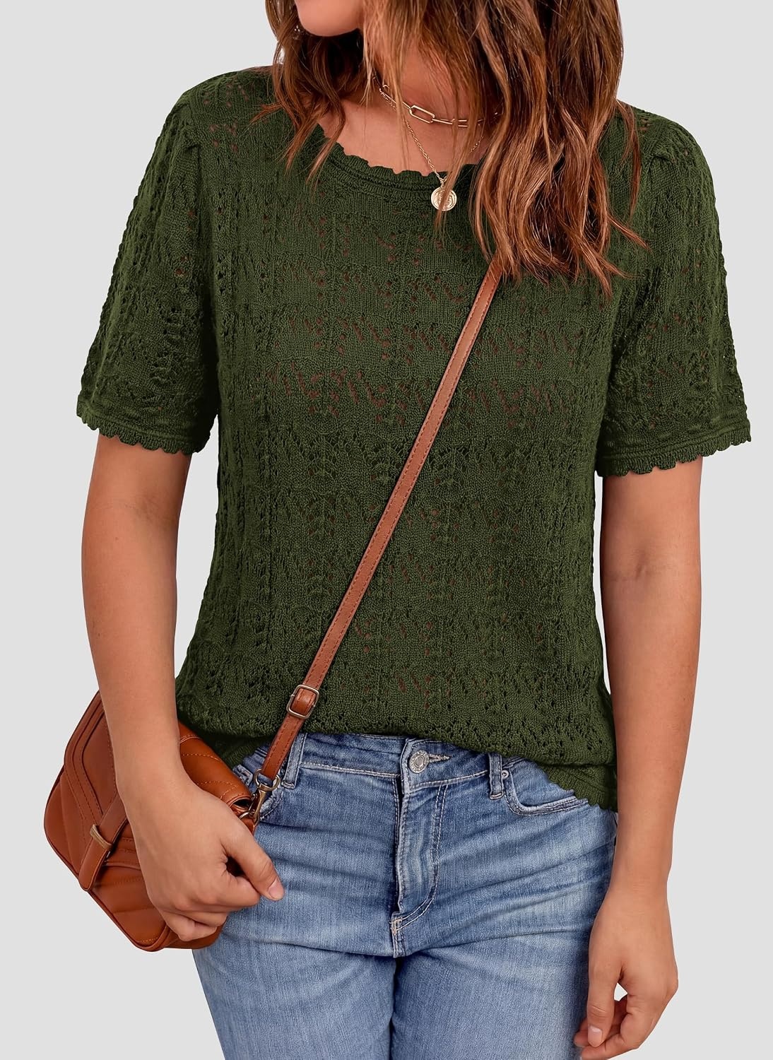 image:imagePRETTYGARDEN Womens Summer Short Sleeve Tops Lightweight Crochet Sweaters Crewneck Hollow Out Knit Cute Tops Loose Fit Business Casual Tops Beach Vacation Fall Outfits 2026Army Green