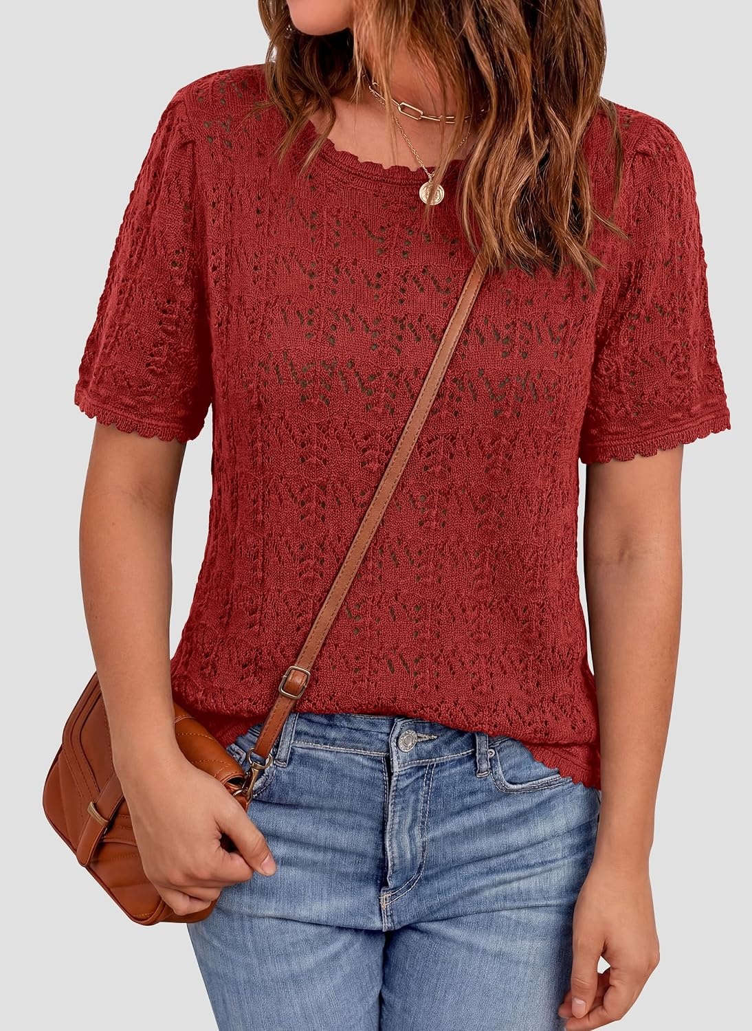 image:imagePRETTYGARDEN Womens Summer Short Sleeve Tops Lightweight Crochet Sweaters Crewneck Hollow Out Knit Cute Tops Loose Fit Business Casual Tops Beach Vacation Fall Outfits 2026Red
