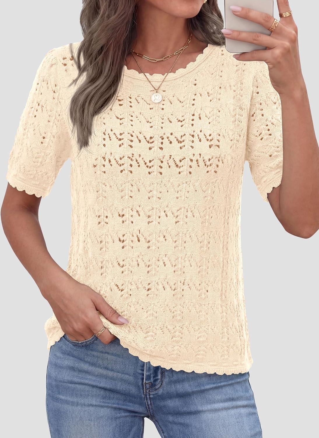 image:imagePRETTYGARDEN Womens Summer Short Sleeve Tops Lightweight Crochet Sweaters Crewneck Hollow Out Knit Cute Tops Loose Fit Business Casual Tops Beach Vacation Fall Outfits 2026Beige