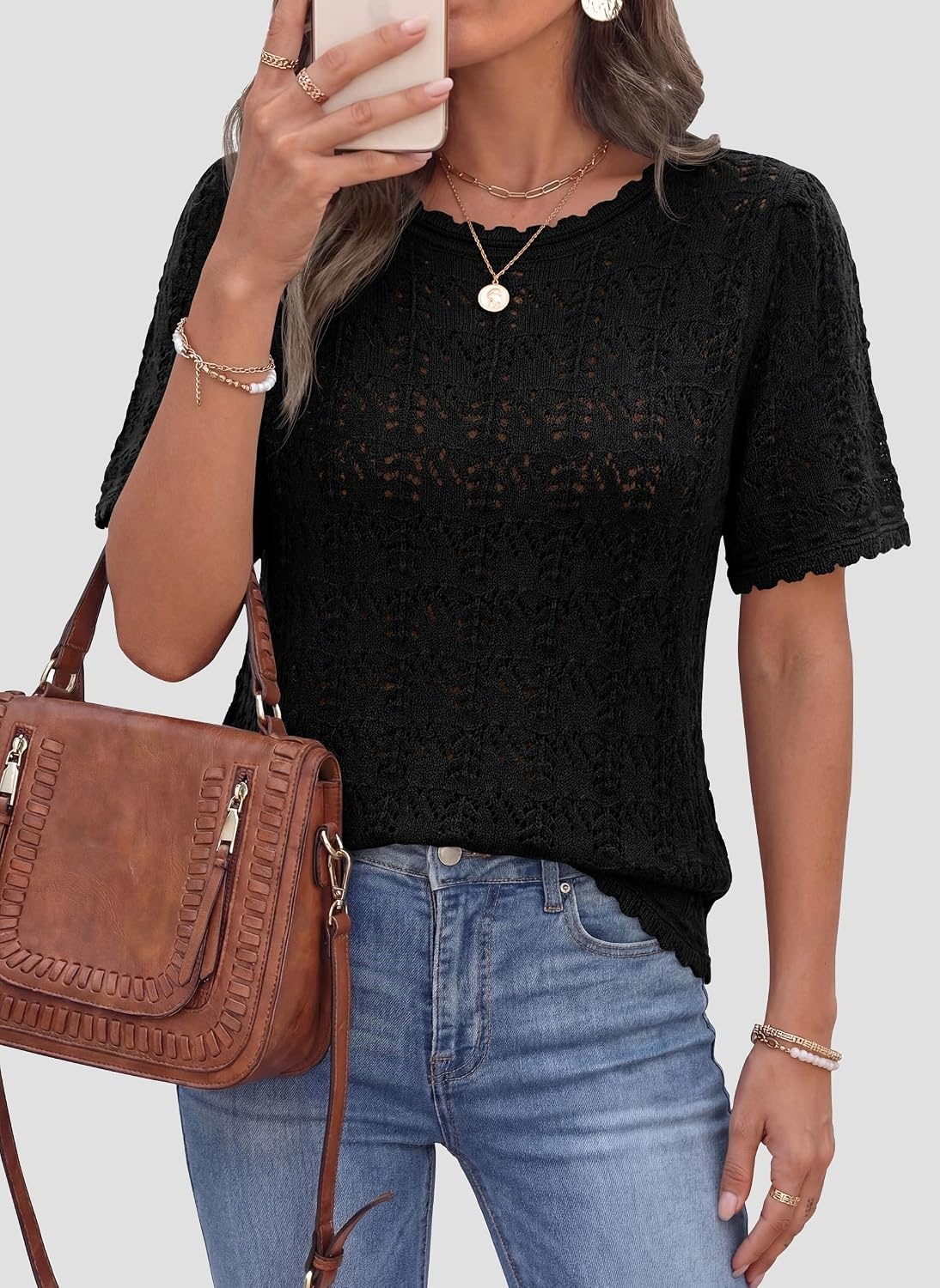 image:imagePRETTYGARDEN Womens Summer Short Sleeve Tops Lightweight Crochet Sweaters Crewneck Hollow Out Knit Cute Tops Loose Fit Business Casual Tops Beach Vacation Fall Outfits 2026Black