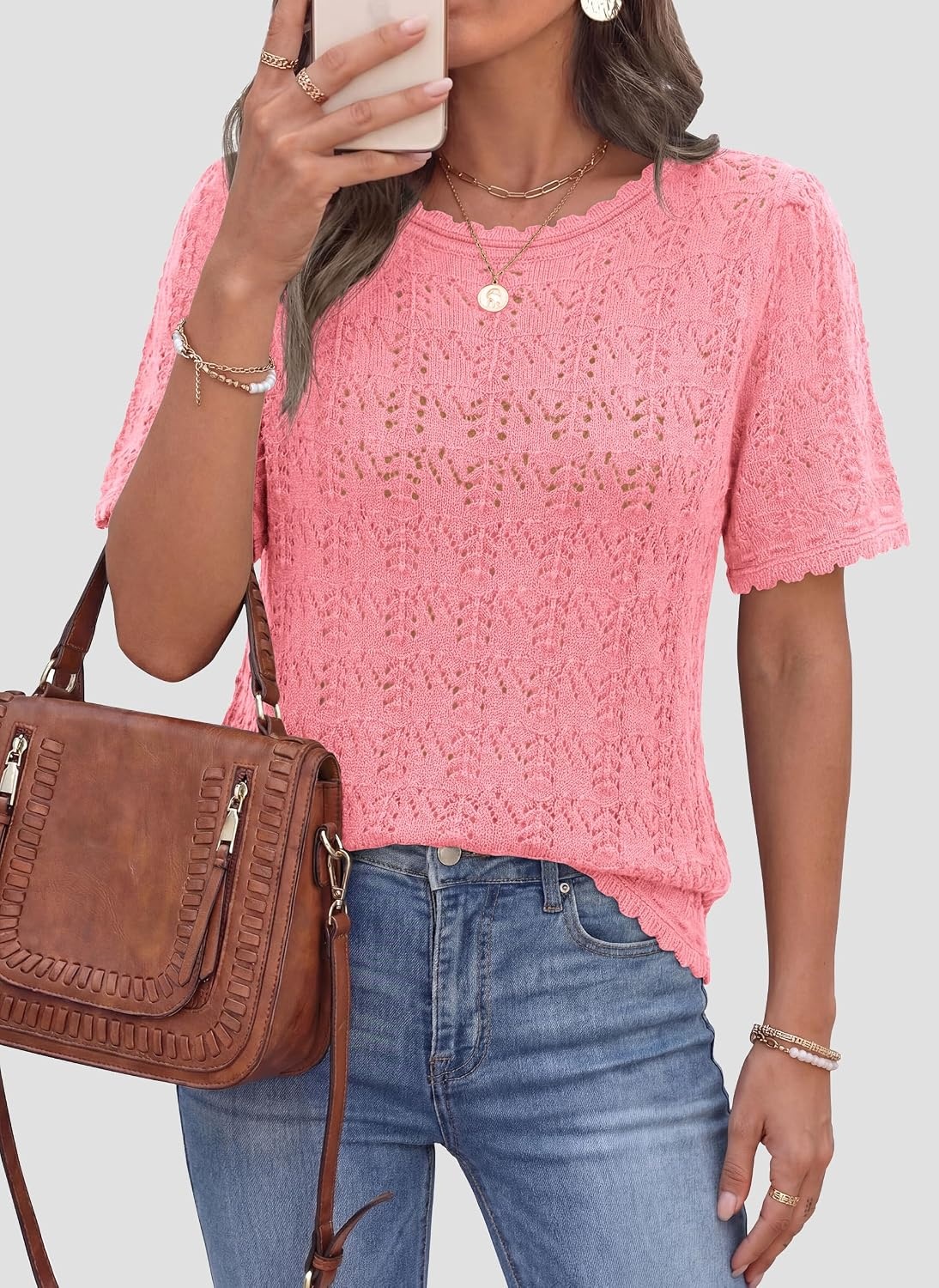 image:imagePRETTYGARDEN Womens Summer Short Sleeve Tops Lightweight Crochet Sweaters Crewneck Hollow Out Knit Cute Tops Loose Fit Business Casual Tops Beach Vacation Fall Outfits 2026Pink