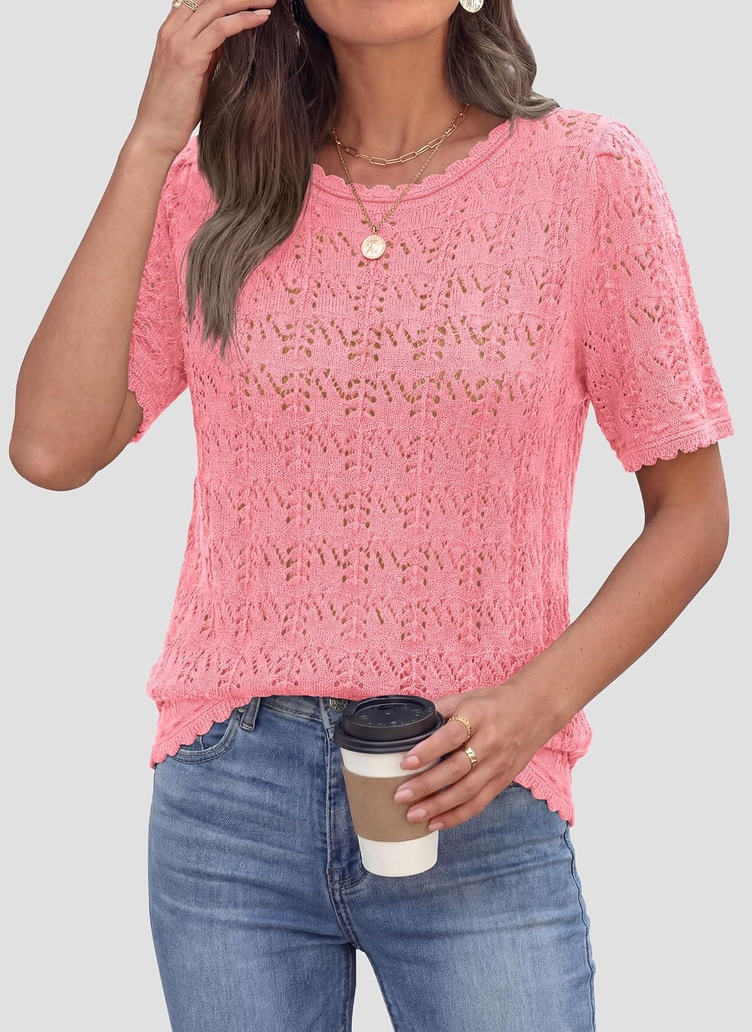 image:imagePRETTYGARDEN Womens Summer Short Sleeve Tops Lightweight Crochet Sweaters Crewneck Hollow Out Knit Cute Tops Loose Fit Business Casual Tops Beach Vacation Fall Outfits 2026Pink