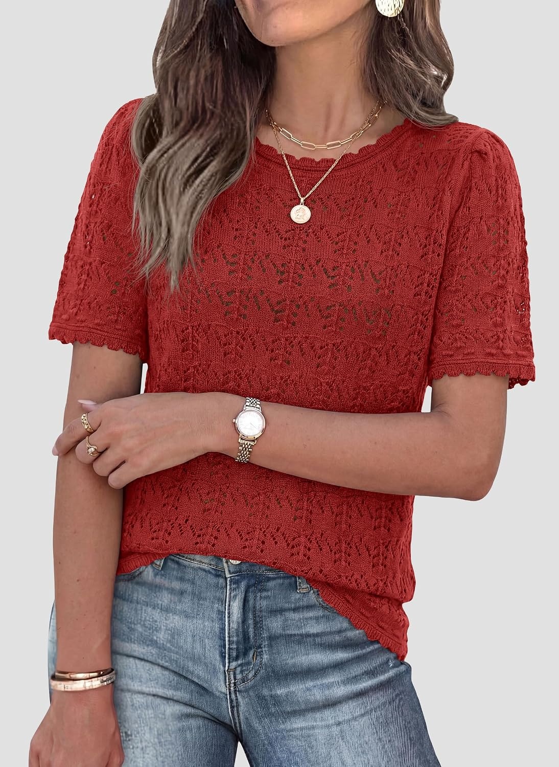 image:imagePRETTYGARDEN Womens Summer Short Sleeve Tops Lightweight Crochet Sweaters Crewneck Hollow Out Knit Cute Tops Loose Fit Business Casual Tops Beach Vacation Fall Outfits 2026Red